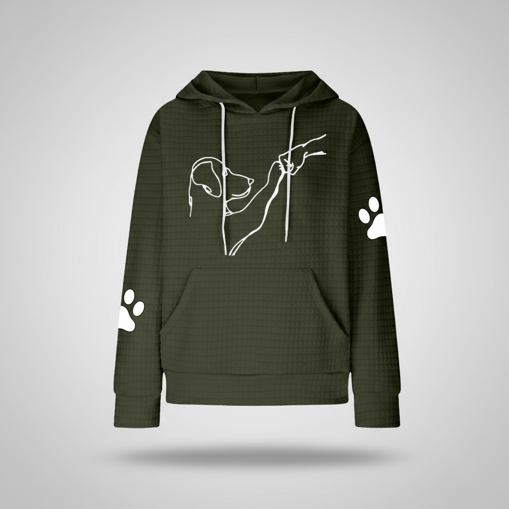 Green hoodie with white dog design on a light gray background