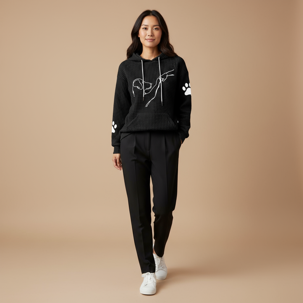 Woman wearing a black hoodie and pants with paw print design on a beige background