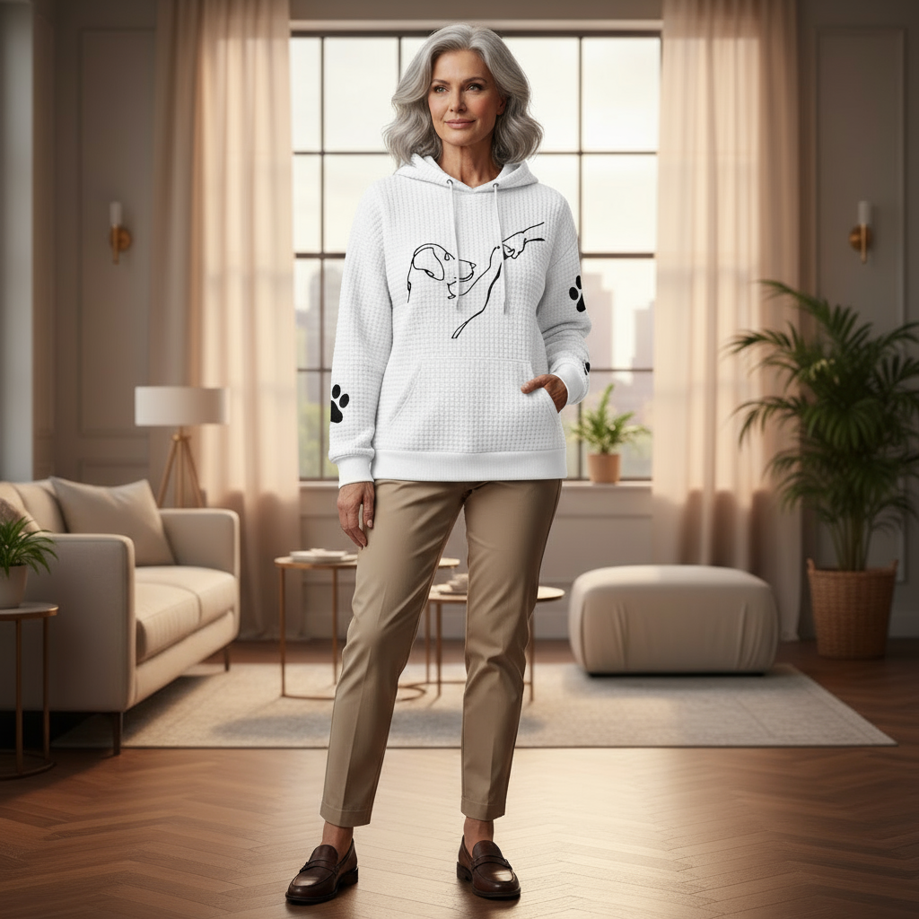 Woman wearing a white hoodie with black designs in a modern living room.
