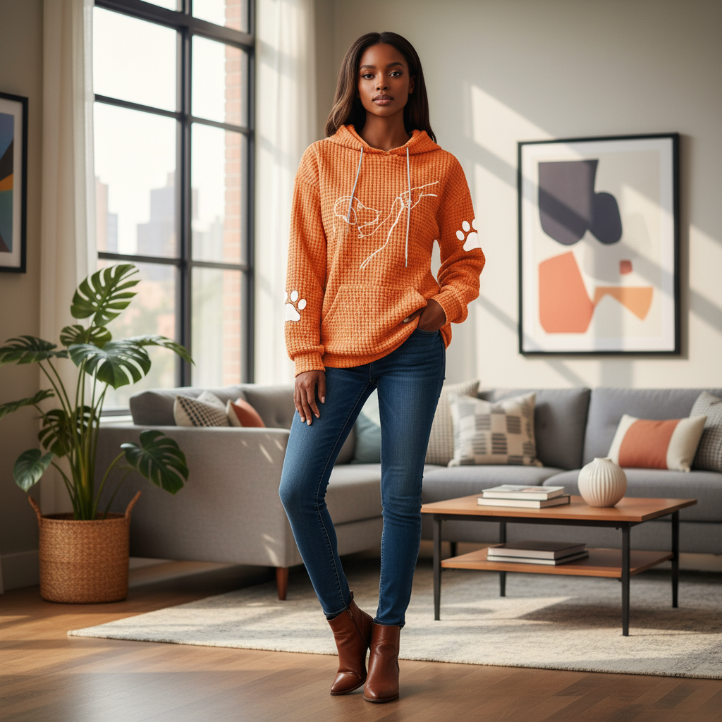 Woman wearing an orange hoodie in a modern living room