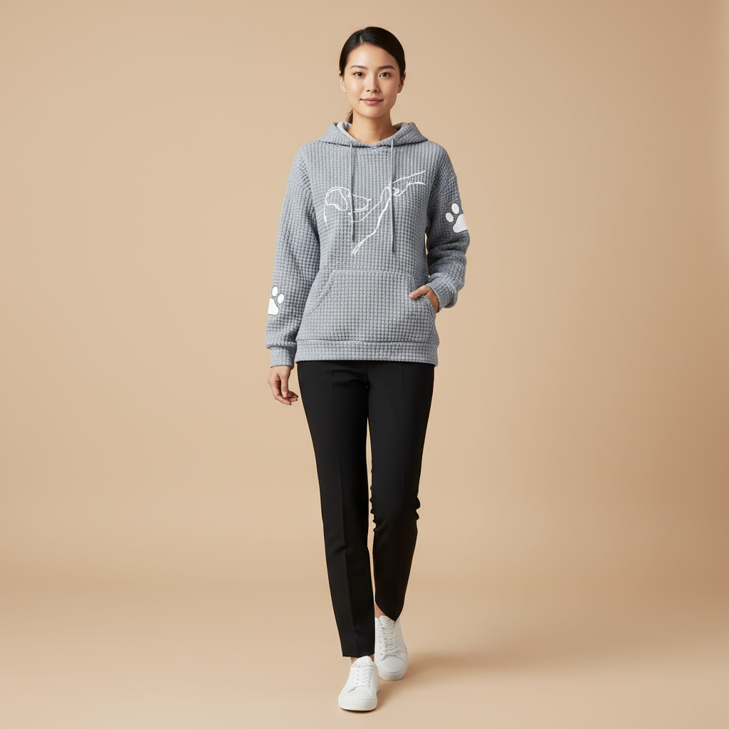 Person wearing a checkered hoodie with paw prints on a beige background