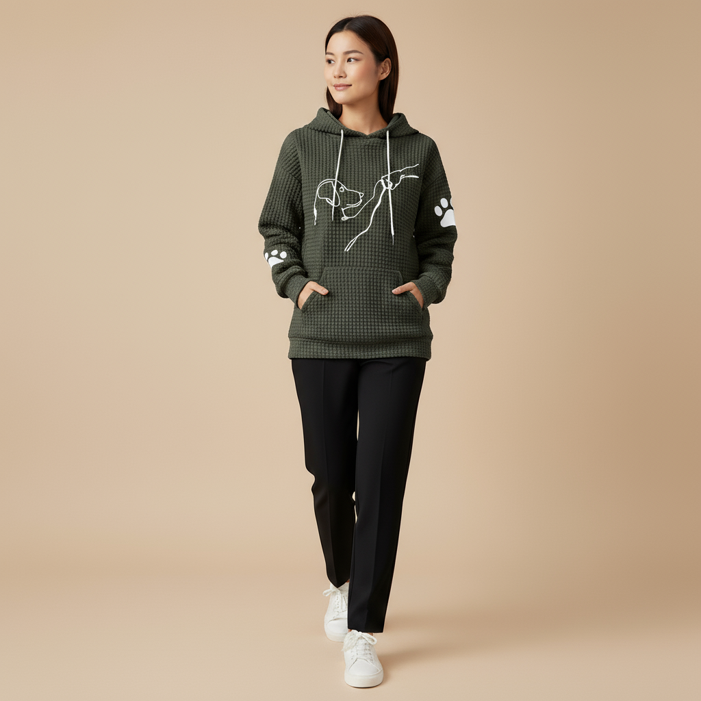 Person wearing a green checkered hoodie with a design on a beige background