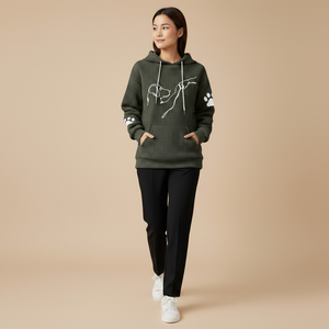 Person wearing a green checkered hoodie with a design on a beige background