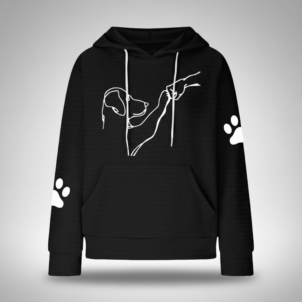 Black hoodie with white dog outline and paw prints on a gray background