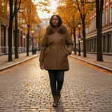 Woman in a brown coat walking on a cobblestone street with autumn trees.