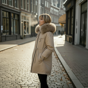 Woman wearing a beige parka with fur hood standing at a tram stop in autumn.