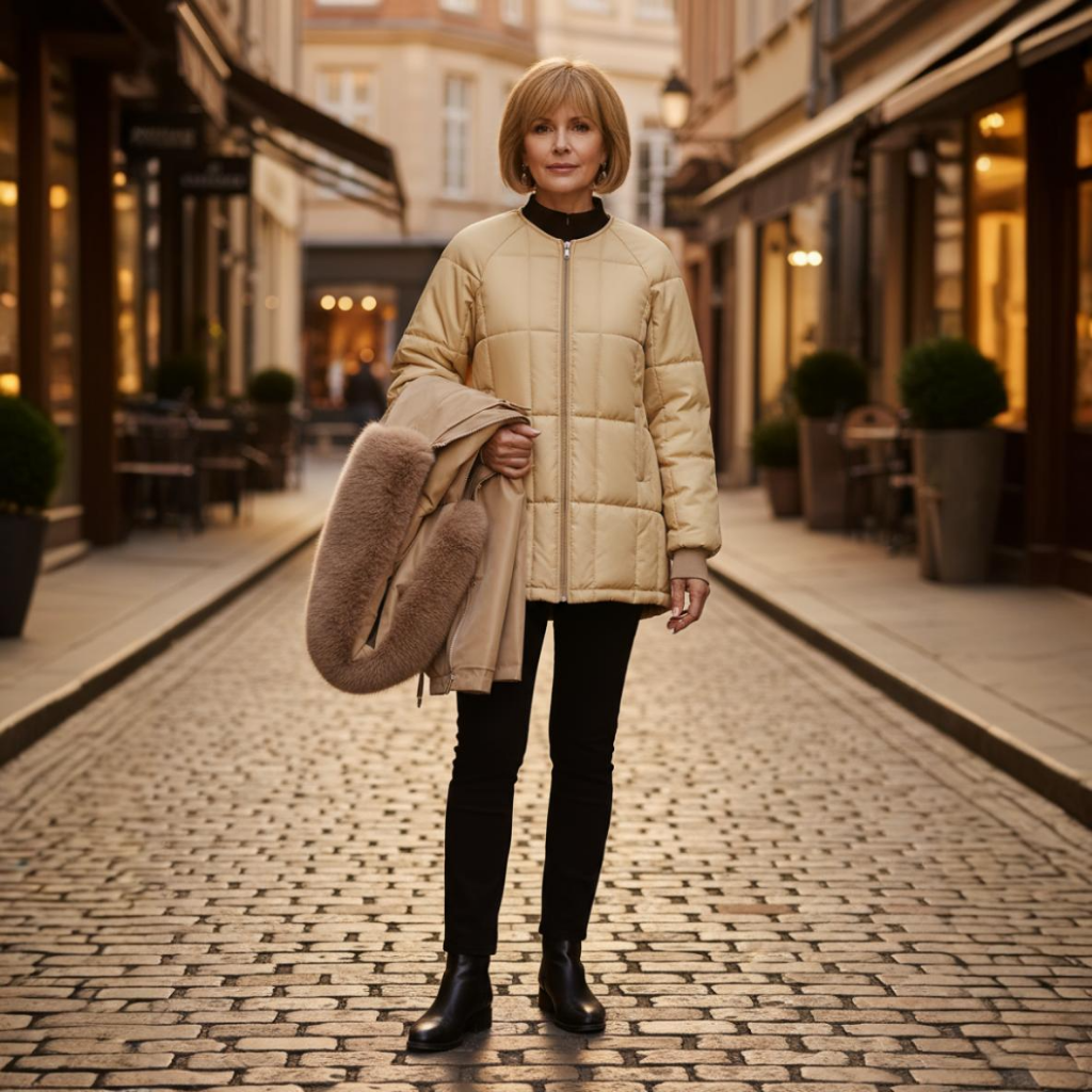 Woman wearing a beige quilted jacket holding a fur-trimmed coat while standing on a cobblestone street.