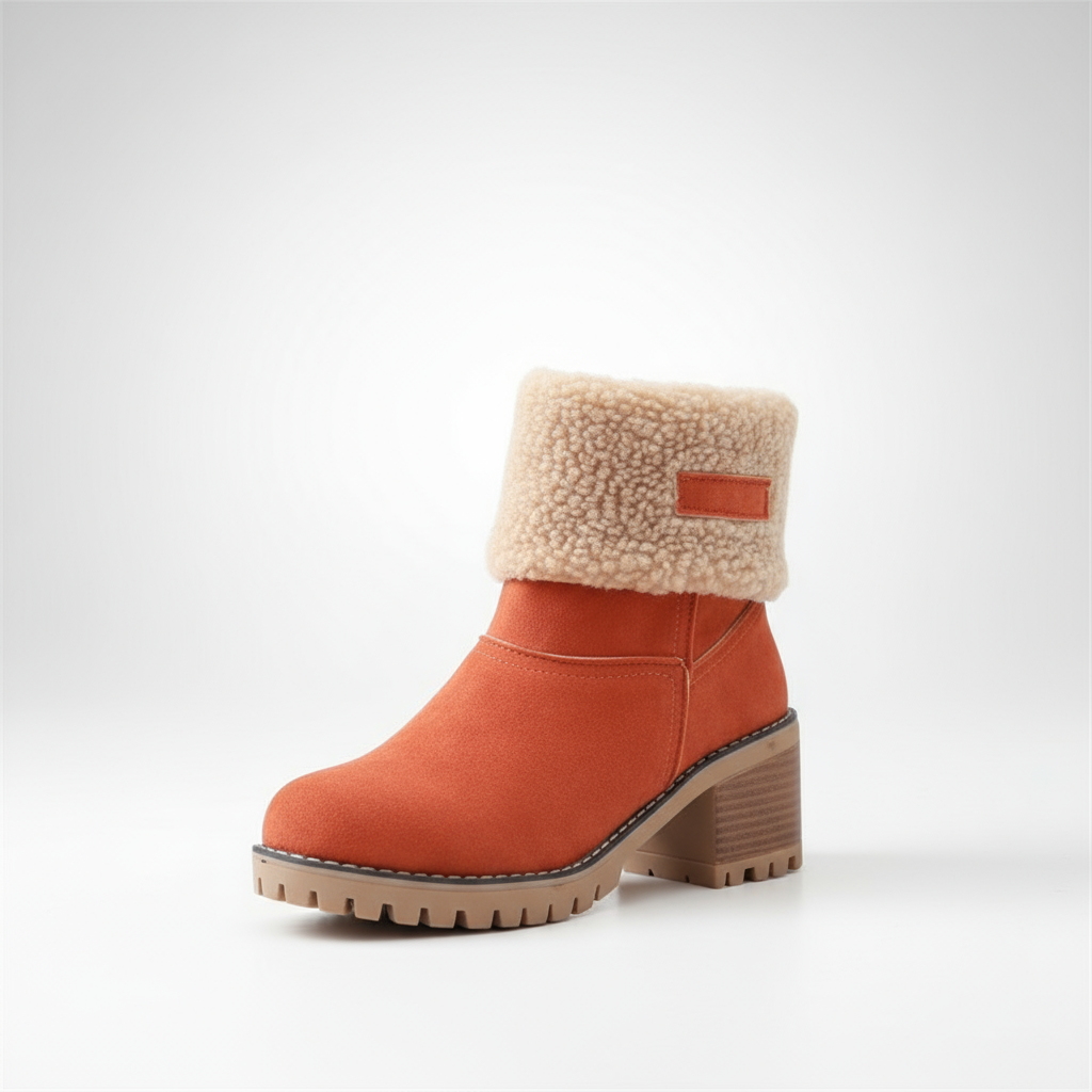 Orange winter boot with beige fur lining on a white background