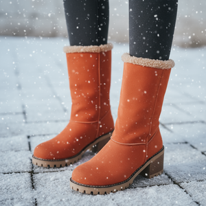 Orange winter boots with fur trim on a snowy ground