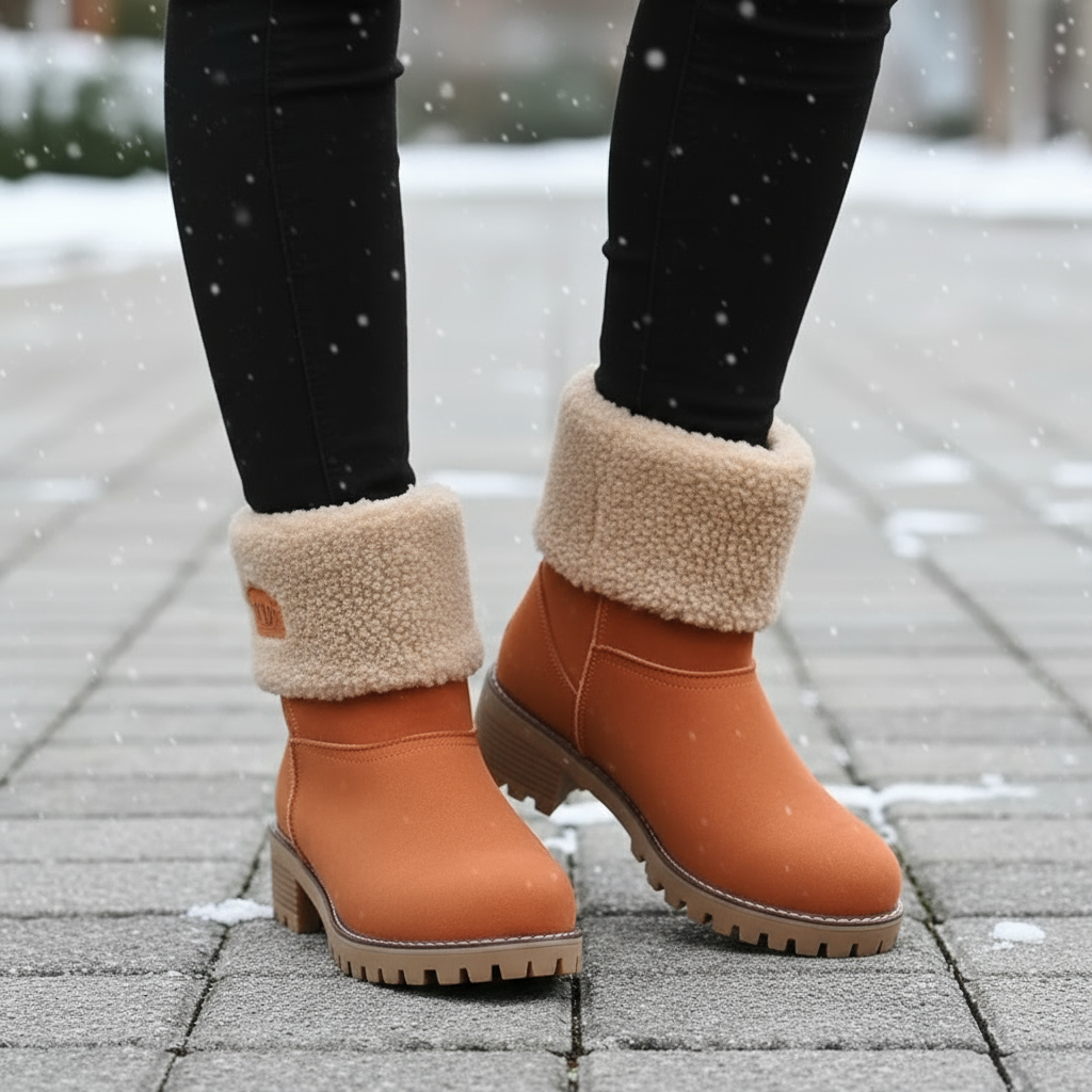 Orange winter boots with fur-lined cuffs on a snowy pavement.