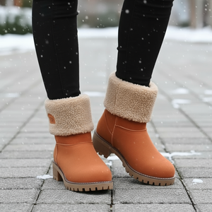 Orange winter boots with fur-lined cuffs on a snowy pavement.