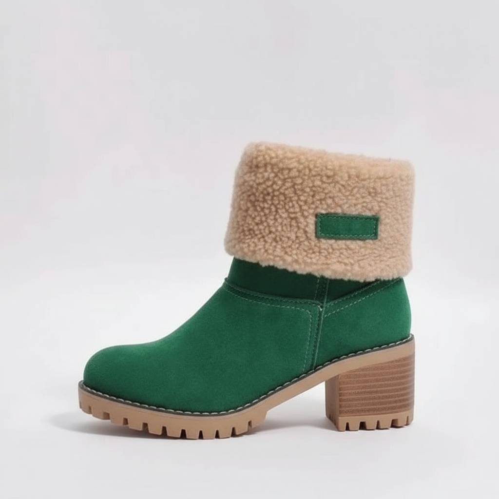 Green boot with beige fleece lining on a white background