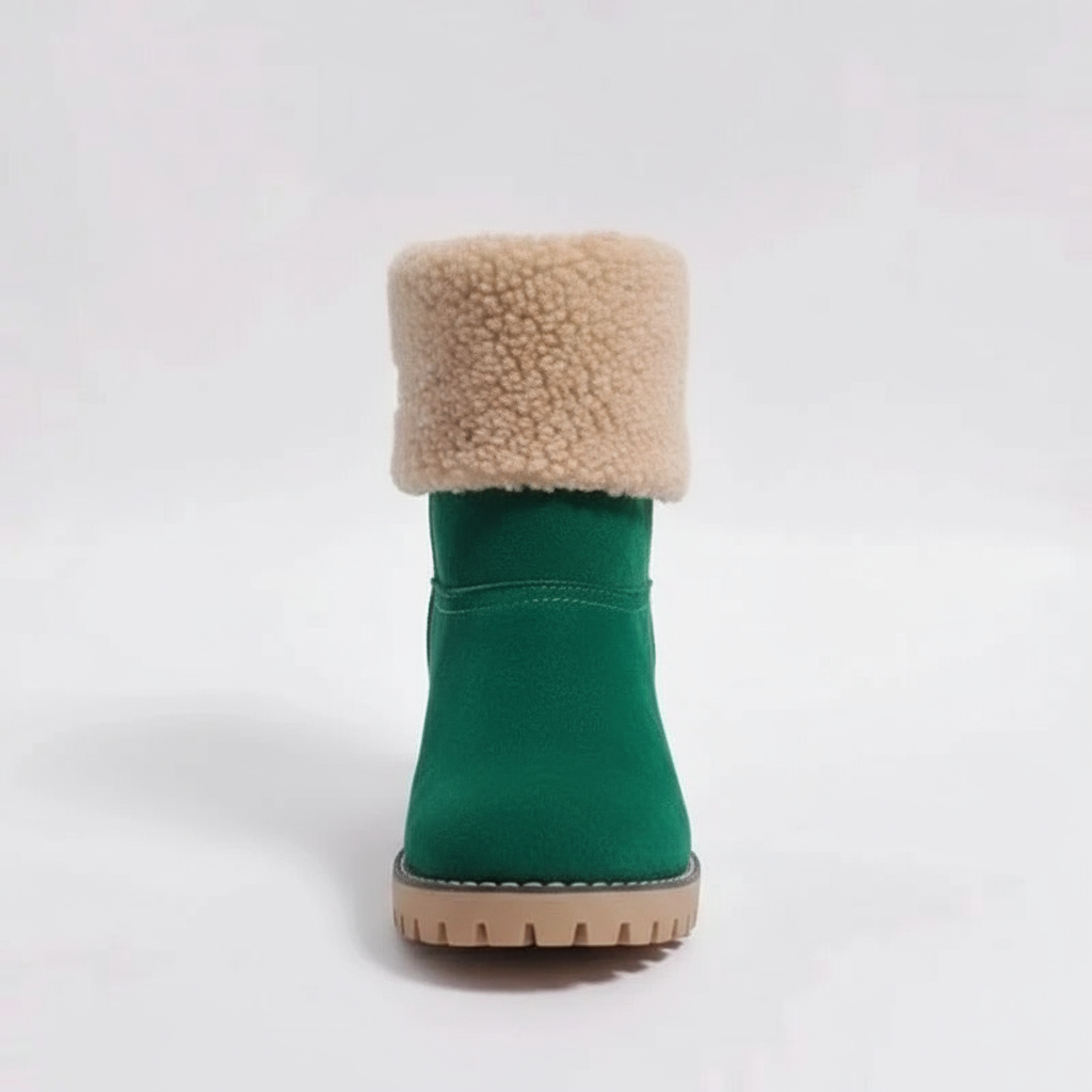 Green boot with beige fur lining on a white background