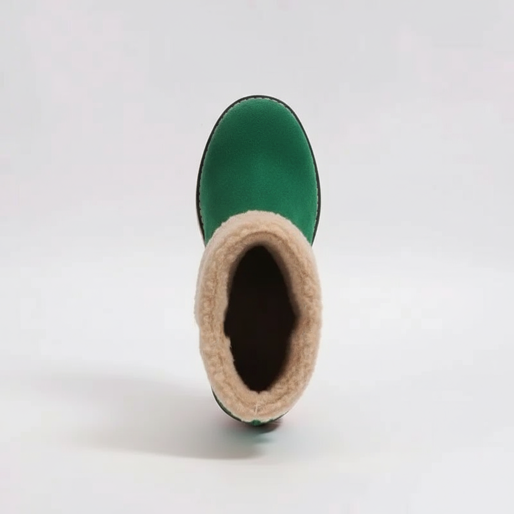 Green boot with beige fur lining on a white background
