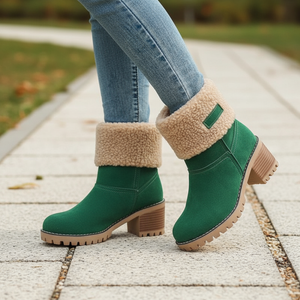 Green boots with beige fur lining worn by a person on a wooden path.