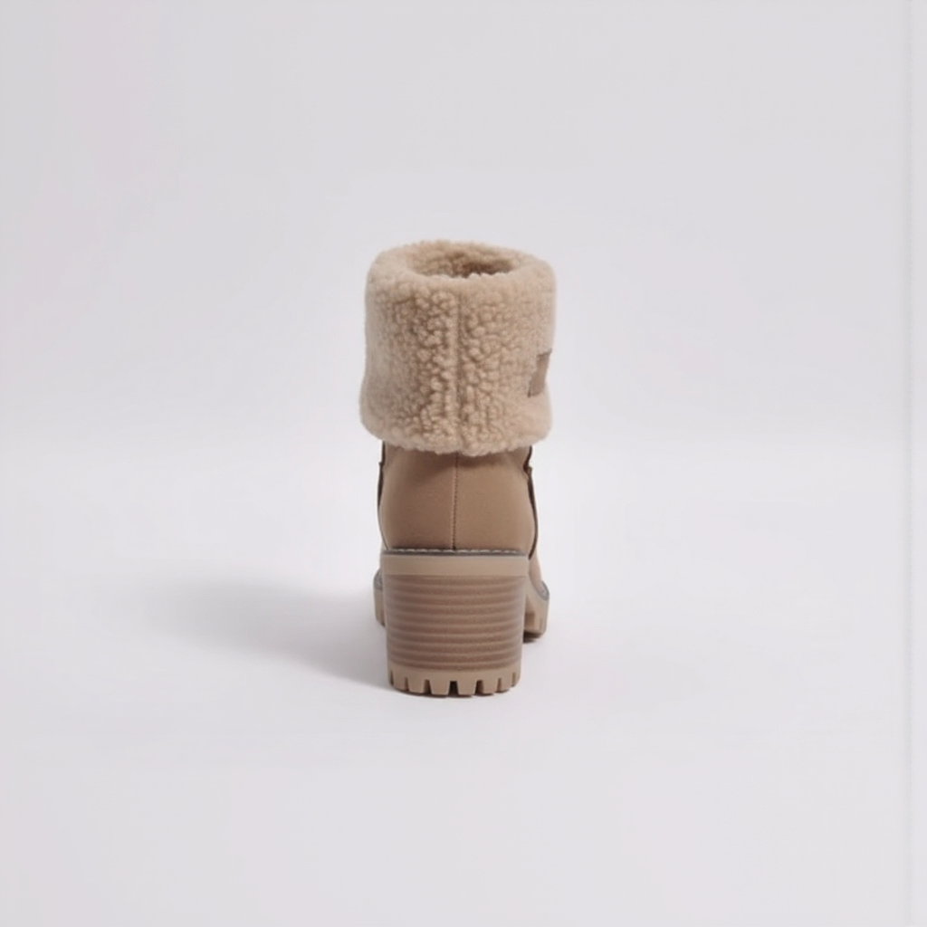 Beige winter boot with a textured sole on a white background