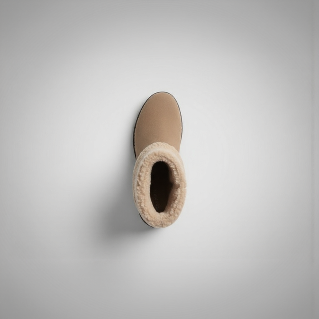 Beige ankle boot with fur trim on a light gray background