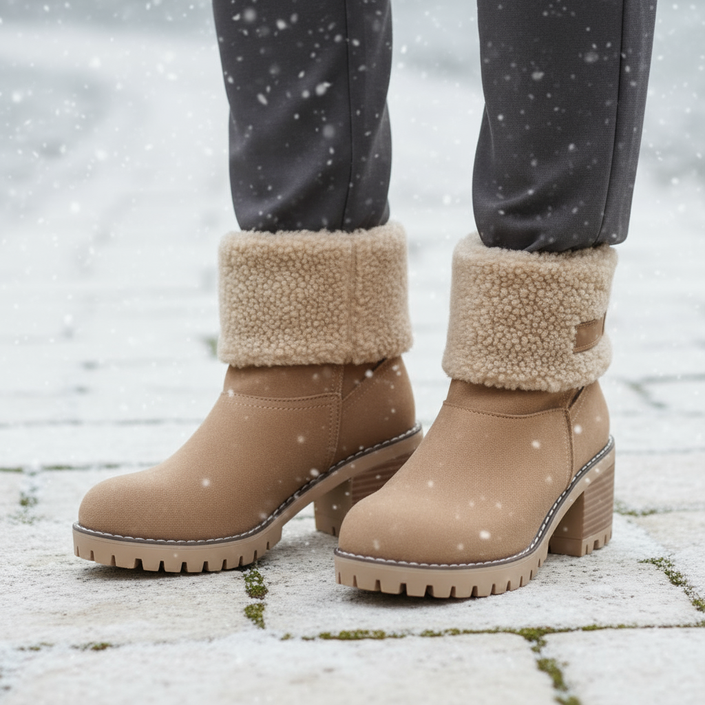 Tan winter boots with fur-lined cuffs on a snowy ground