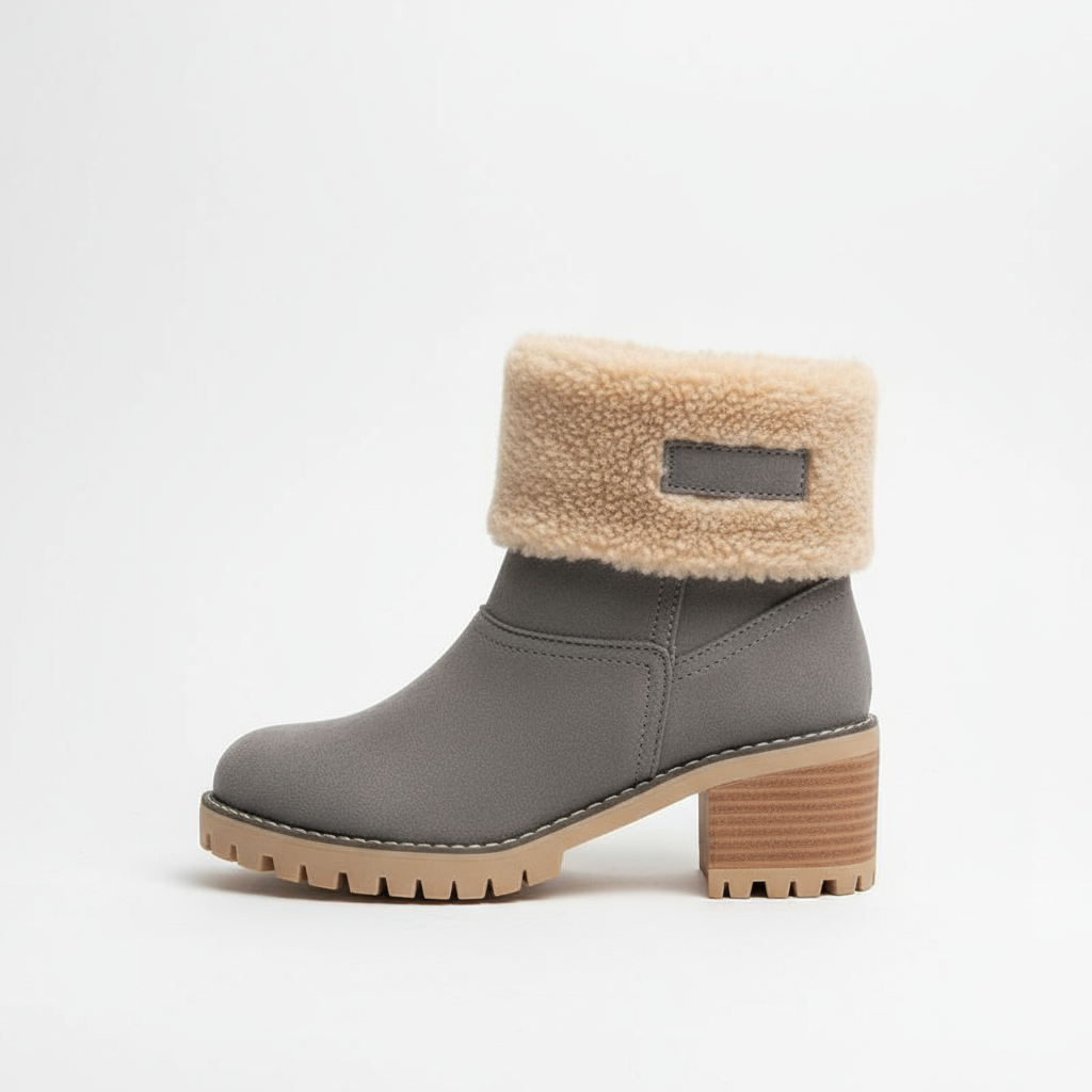 Gray ankle boot with beige fuzzy cuff on a light gray background