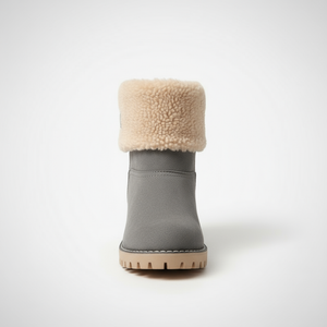 Gray winter boot with beige shearling lining on a white background