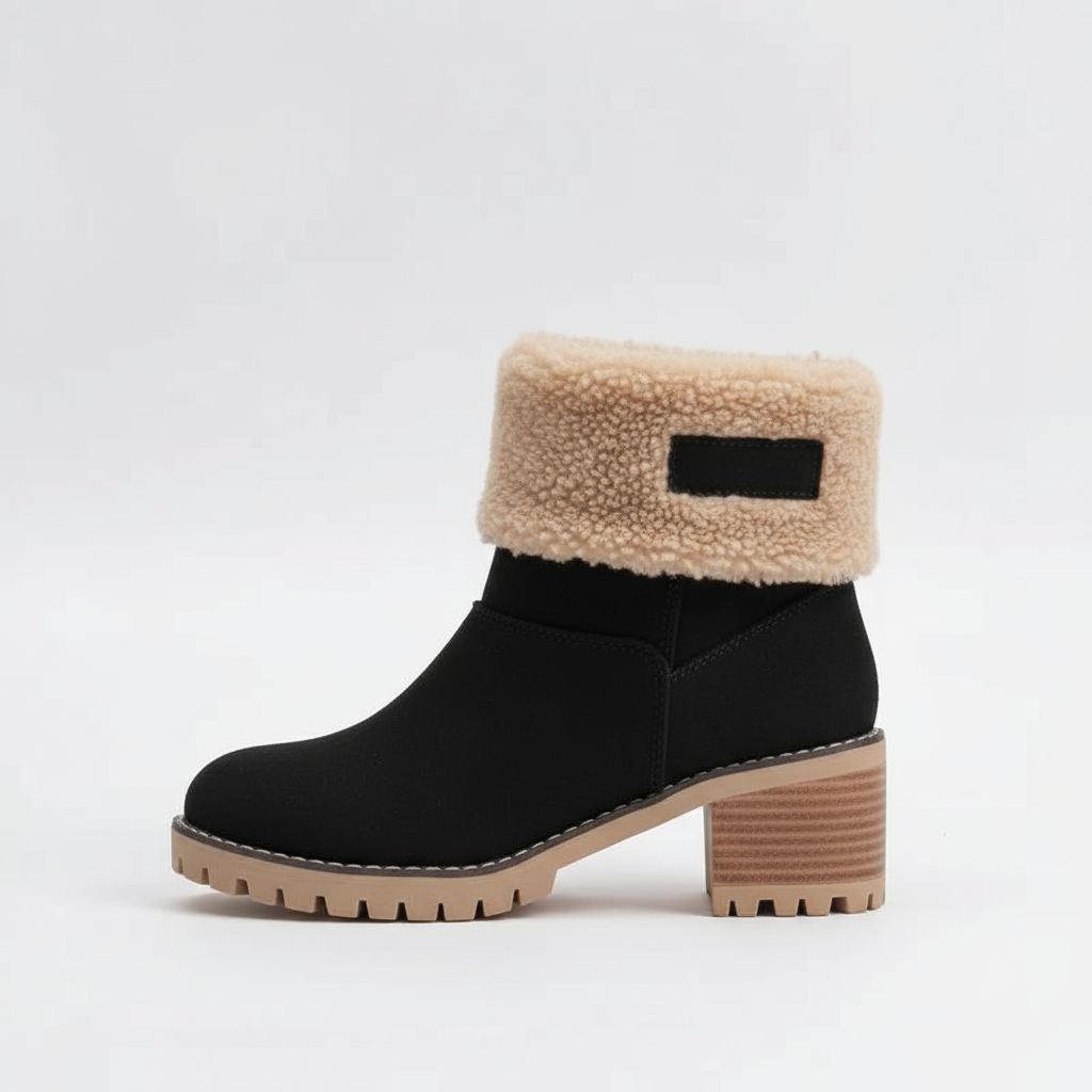 Black ankle boot with beige shearling collar on a white background