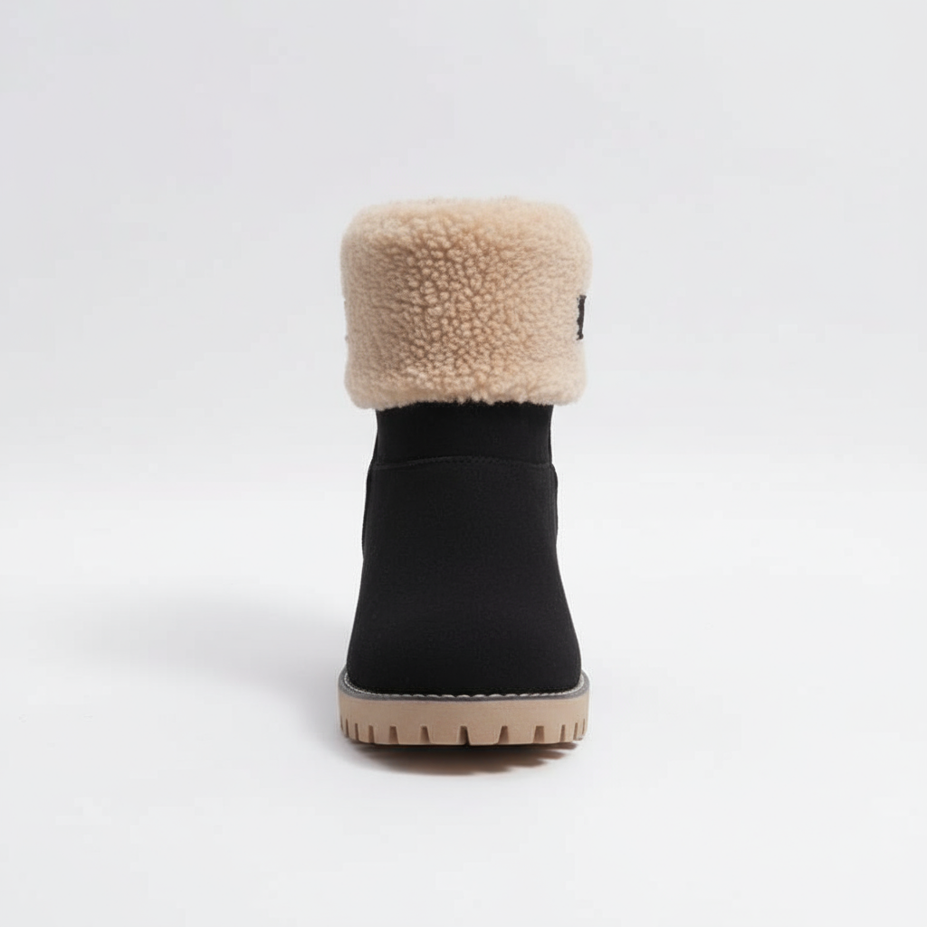 Black ankle boot with beige fleece lining on a white background