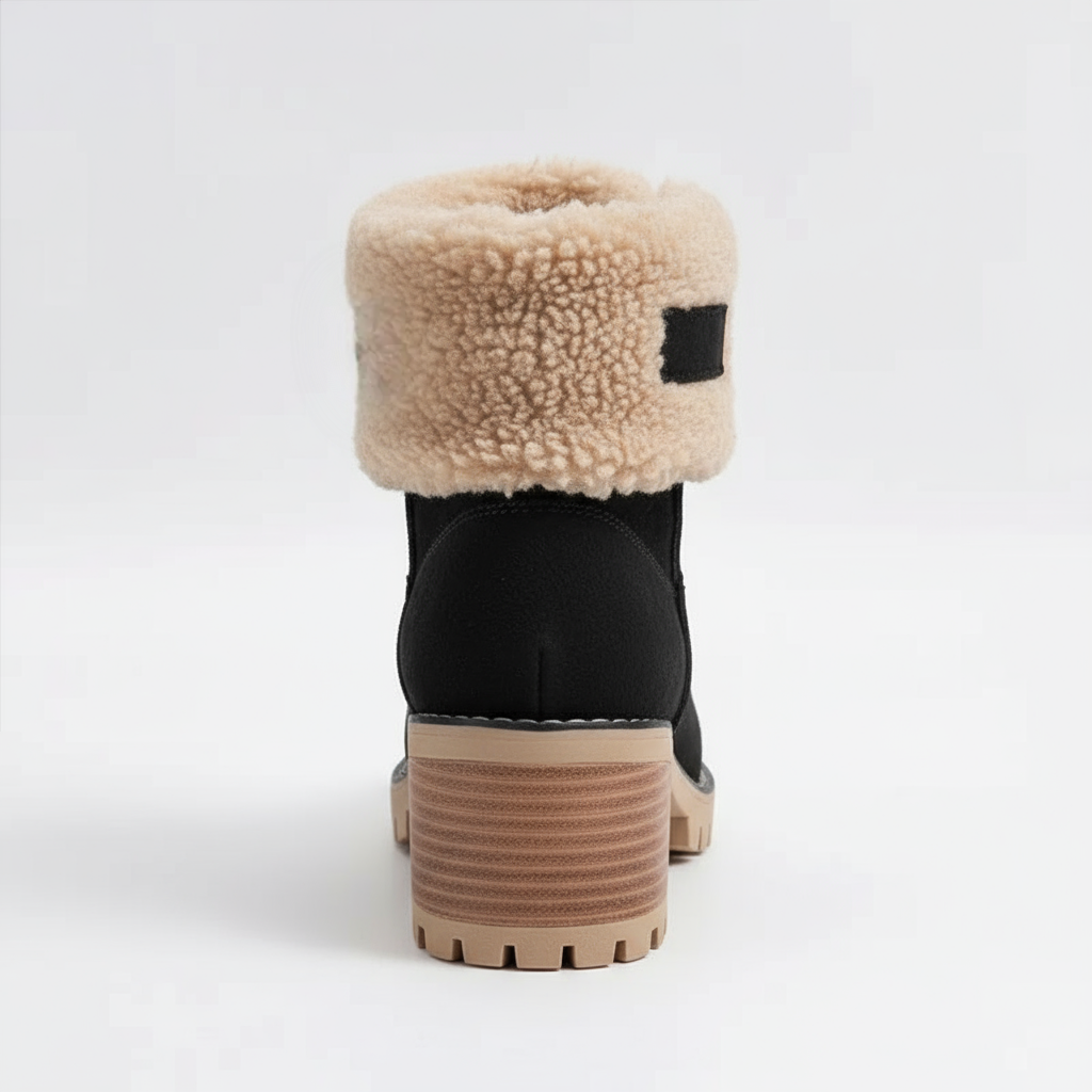 Black boot with beige shearling lining on a white background