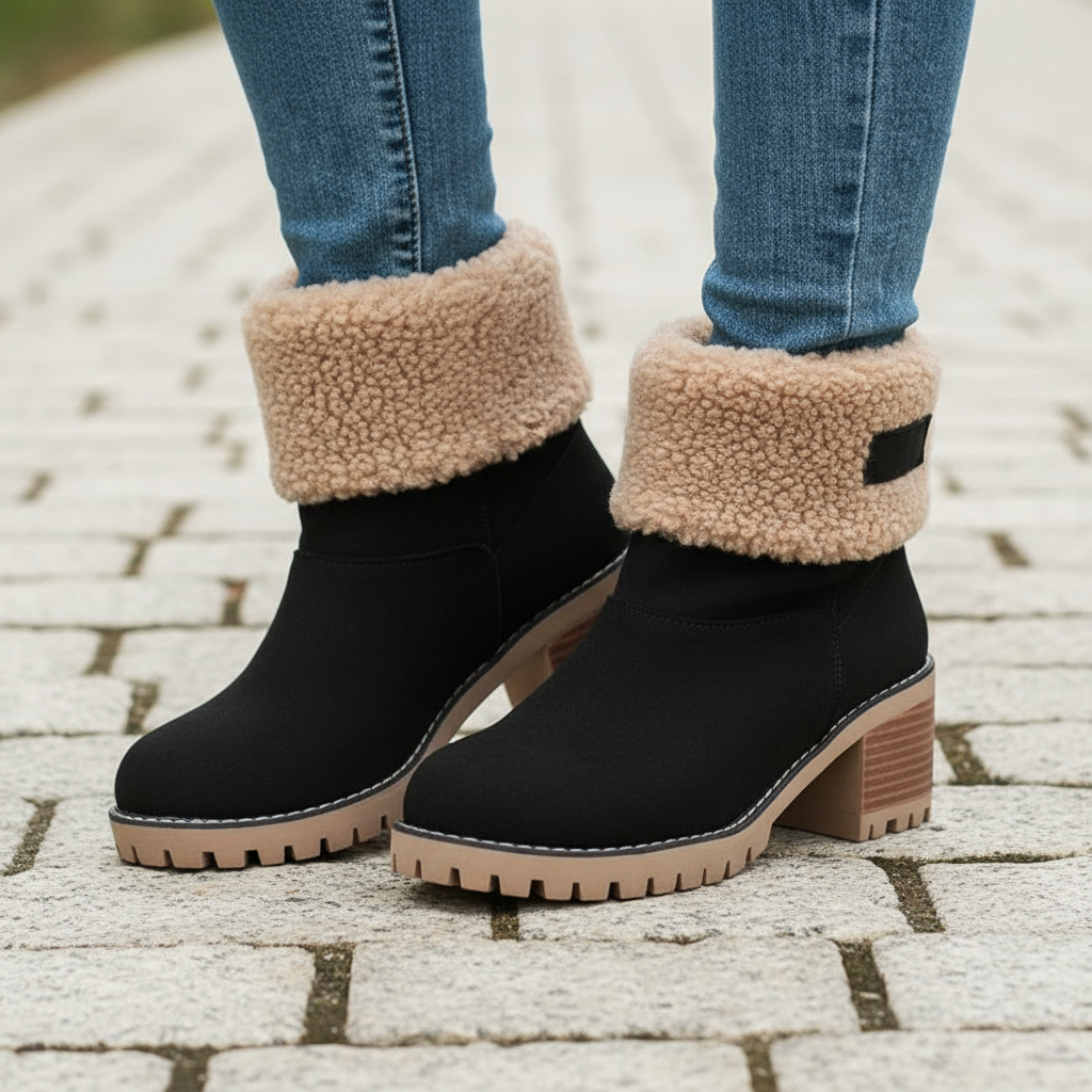 Black ankle boots with beige fleece lining worn on a paved surface