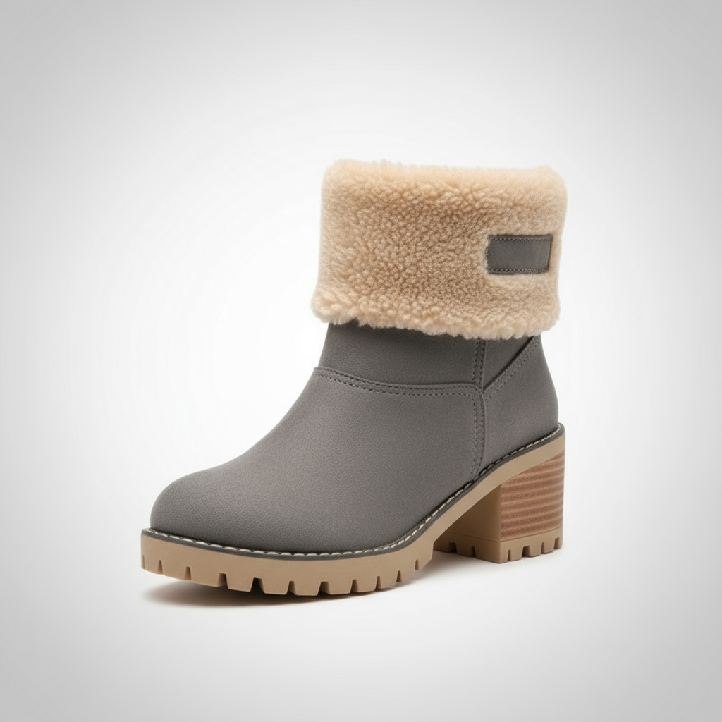 Gray ankle boot with beige fur lining on a white background