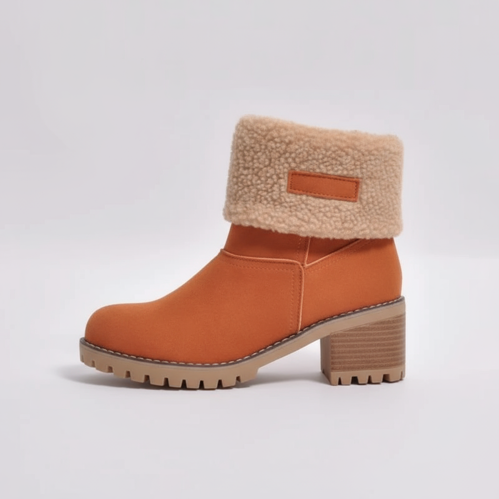 Orange ankle boot with beige fur lining on a white background