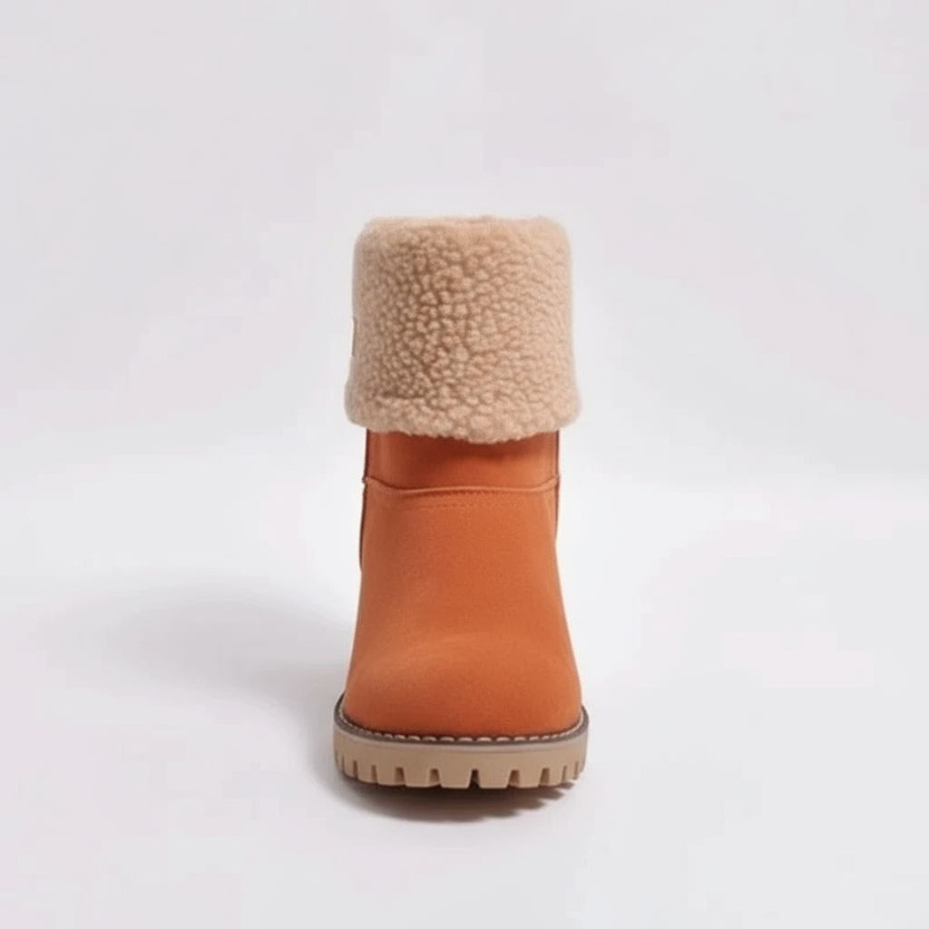 Orange winter boot with beige fur lining on a white background