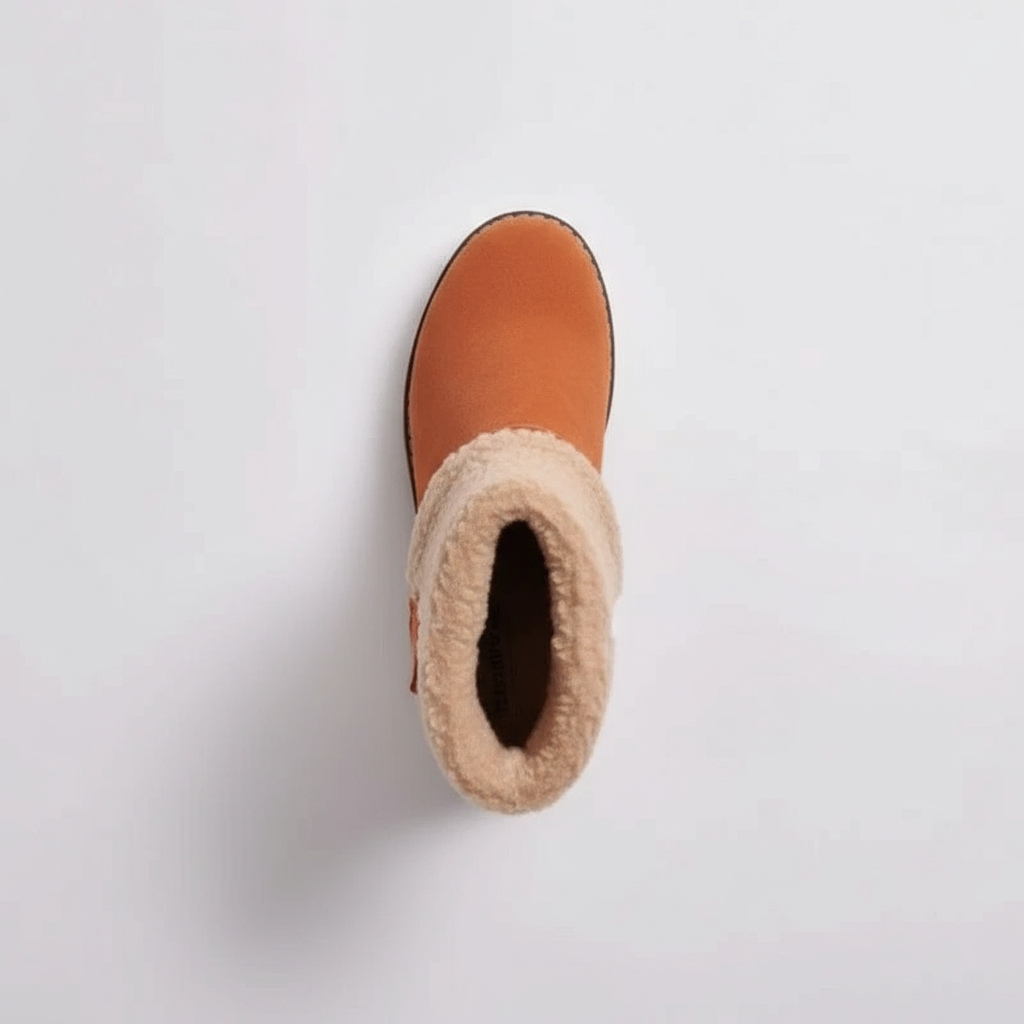 Tan ankle boot with fur lining on a light gray background