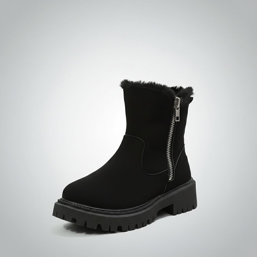 Black ankle boot with fur trim on a light gray background