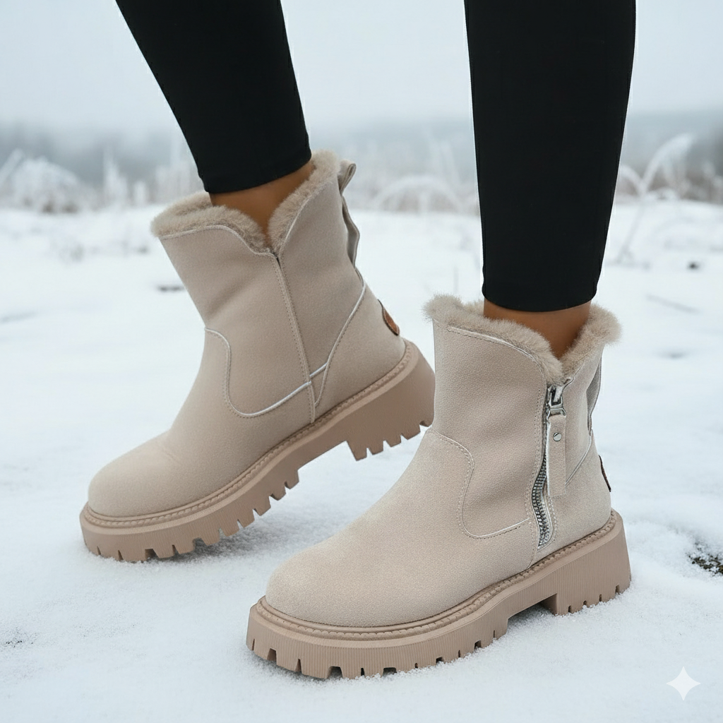 Beige winter boots with fur trim worn in the snow