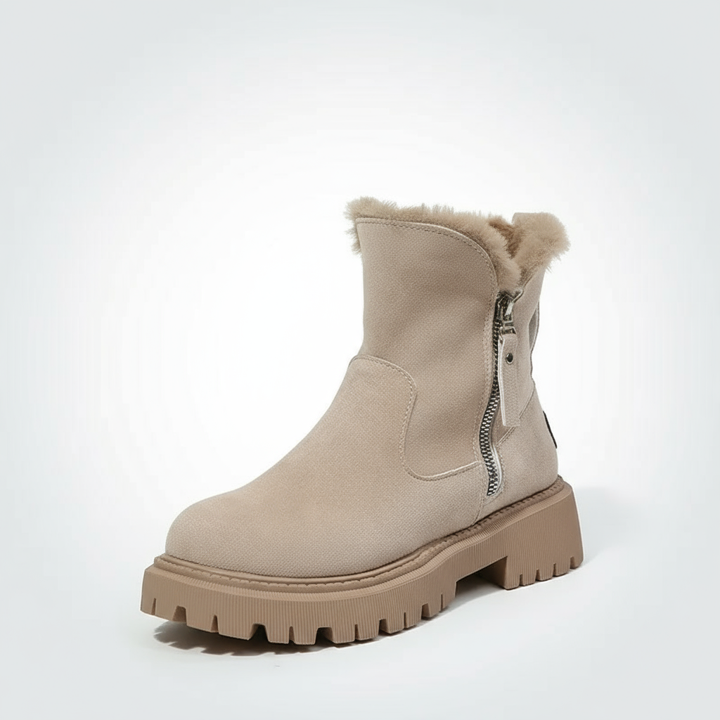 Beige winter boot with fur lining on a white background