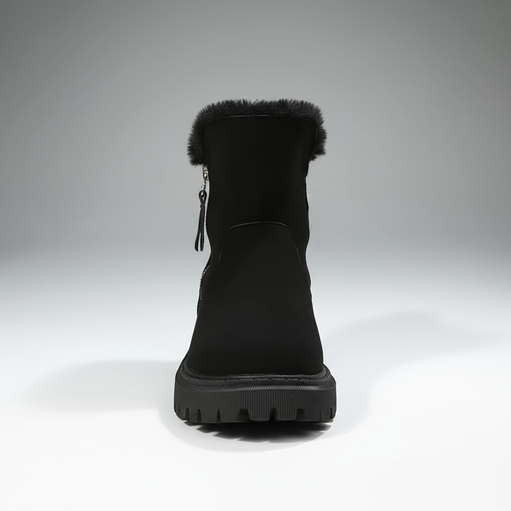 Black winter boot with fur trim on a gray background