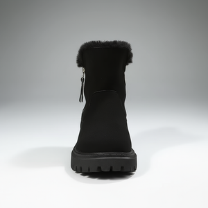Black winter boot with fur trim on a gray background
