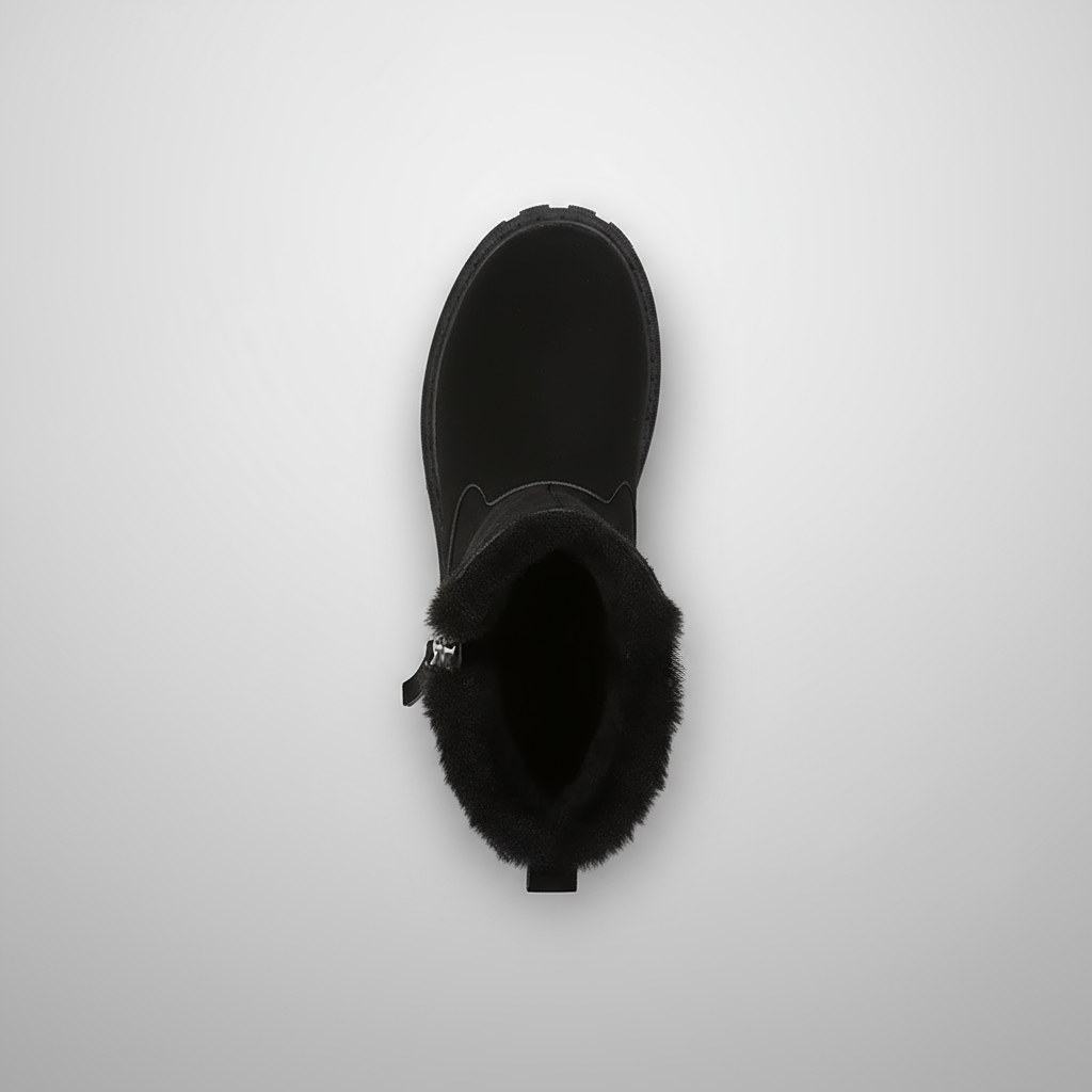 Black boot with fur lining on a white background