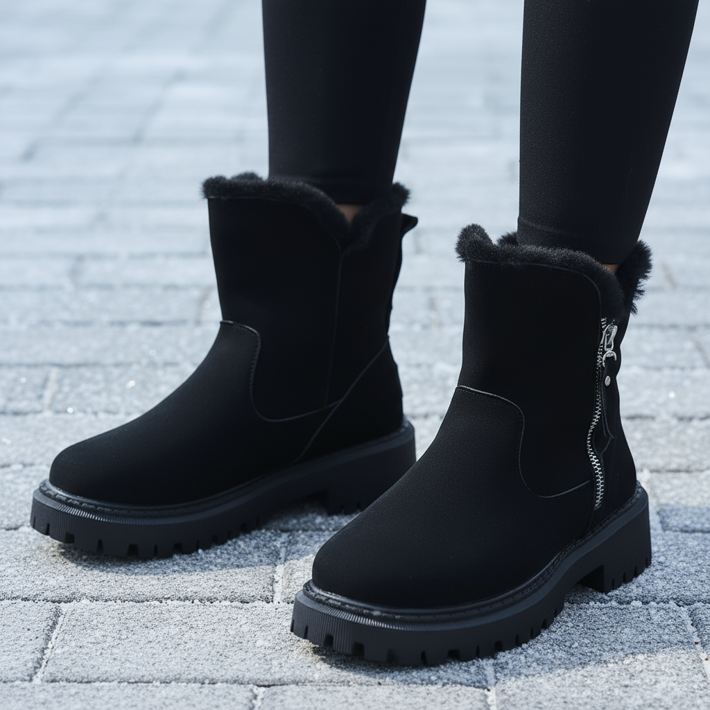 Black winter boots with fur trim on a pavement background