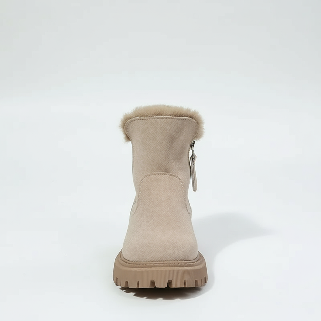Beige winter boot with fur trim on a white background