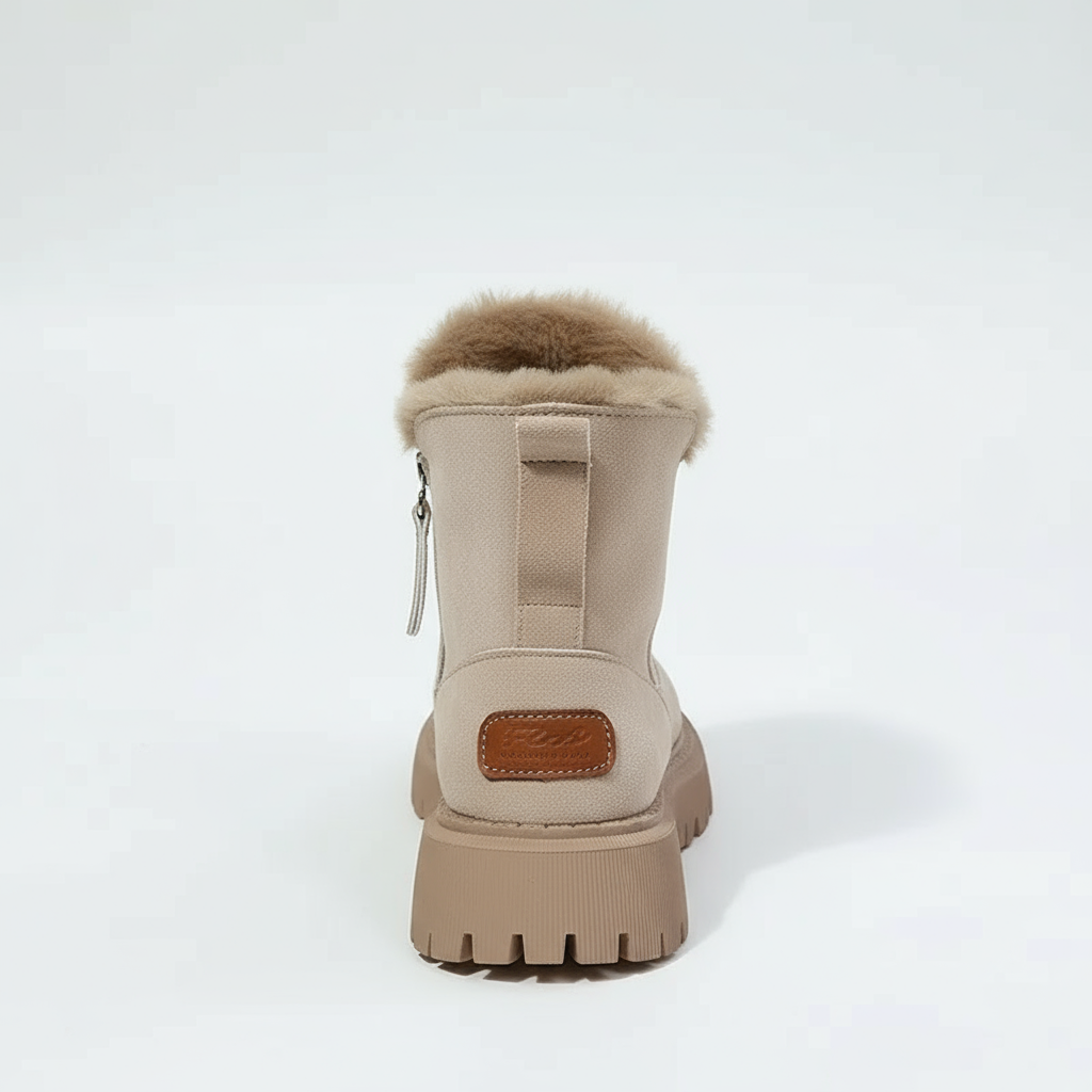 Beige winter boot with fur trim on a white background