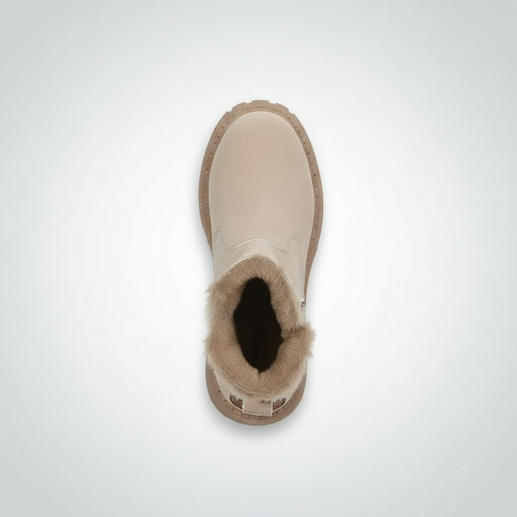 Beige winter boot with fur trim on a white background
