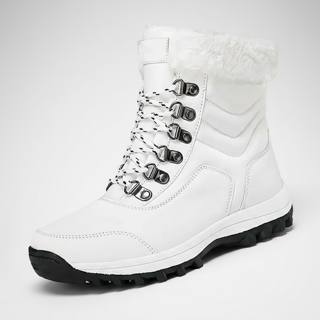 White winter boot with black sole on a light gray background