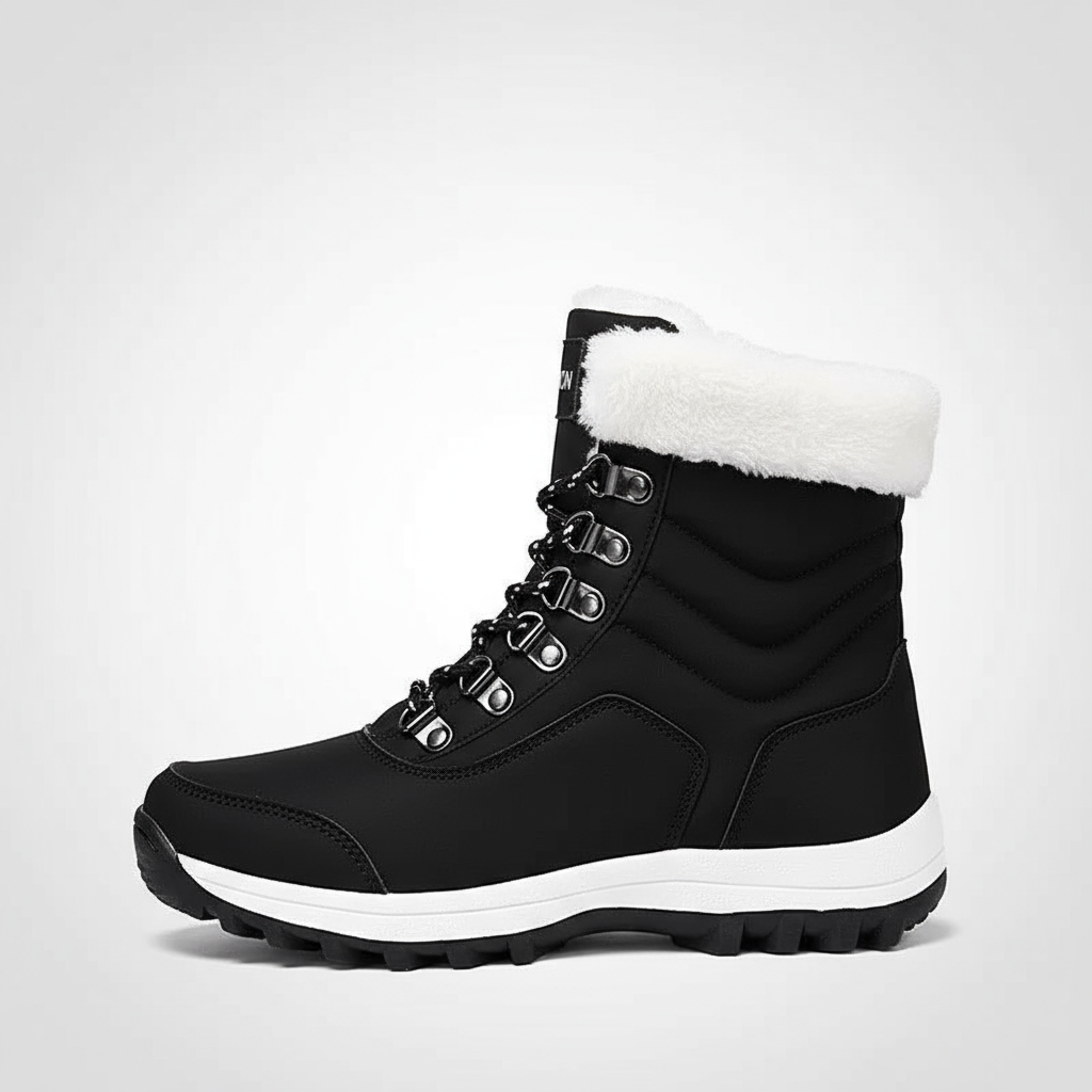 Black winter boot with white fur lining on a light gray background