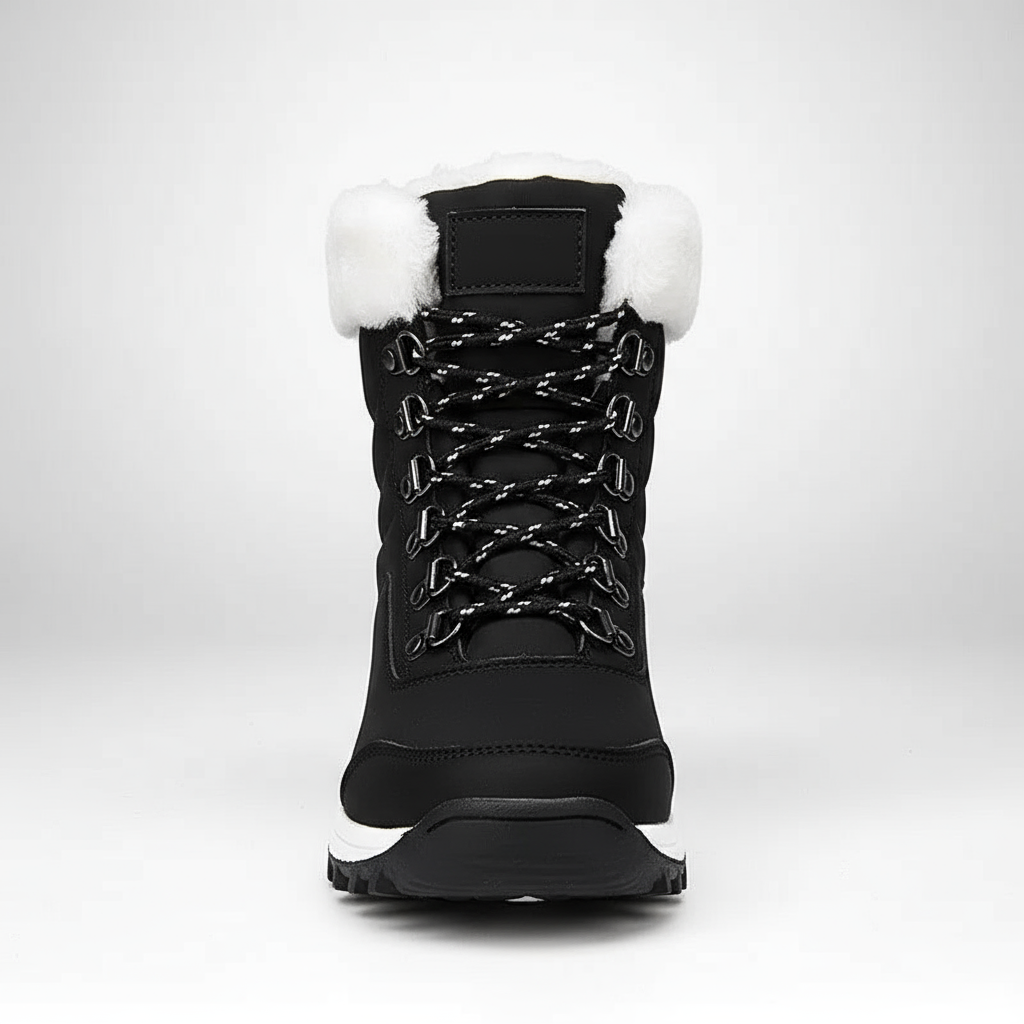 Black winter boot with white fur lining on a white background