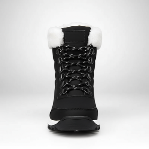 Black winter boot with white fur lining on a white background