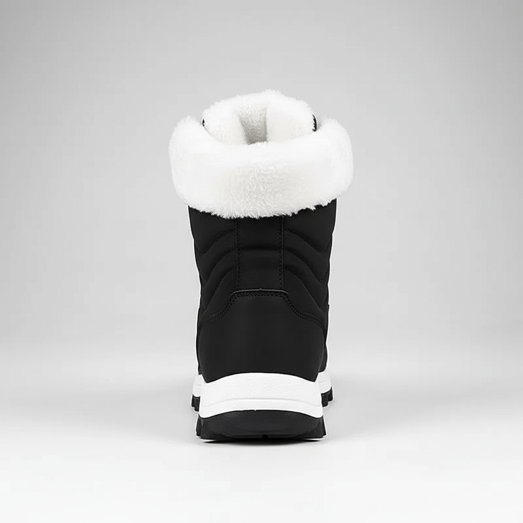 Black winter boot with white fur lining on a gray background