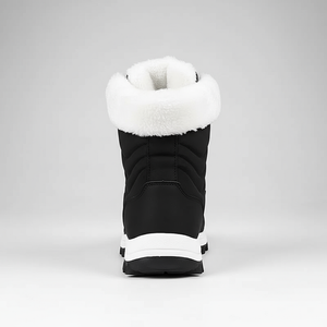 Black winter boot with white fur lining on a gray background