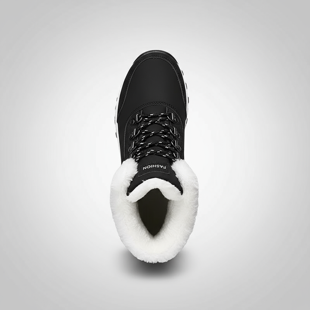 Black winter boot with white fur lining on a light gray background