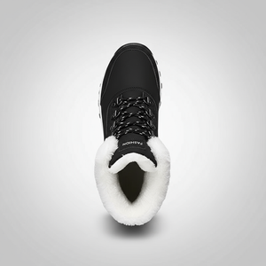 Black winter boot with white fur lining on a light gray background